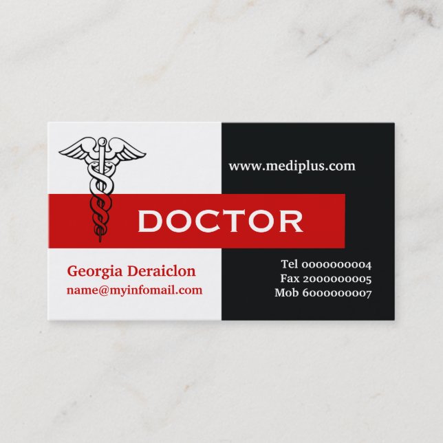 Carte De Visite Caduceus médecin minimaliste noir, blanc, rouge (Devant)