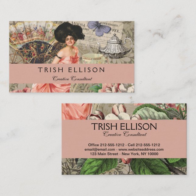 Carte De Visite Café Lady Victorian Femme Rose Classy (Devant / Derrière)