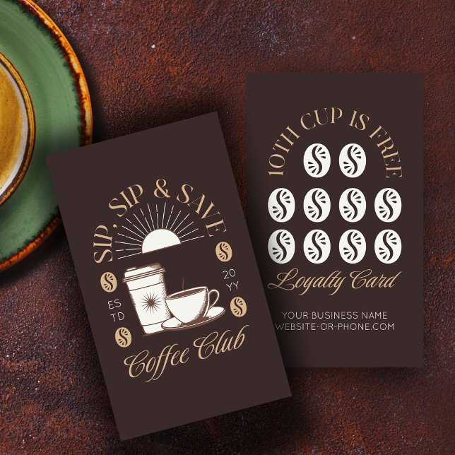 Carte De Visite Café moderne Sip & Save Loyalty (Sip & Save Coffee Loyalty Cards by Busy Business Bee)