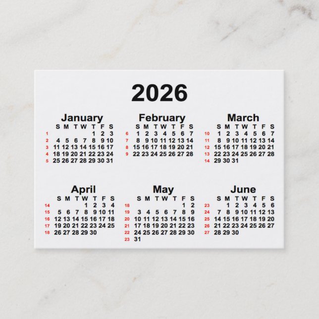 Carte De Visite Calendrier de 52 semaines 2026 blanc par Janz Cart (Devant)