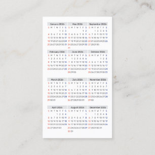 Carte De Visite Calendrier de poche 2026 Format dimanche Début des