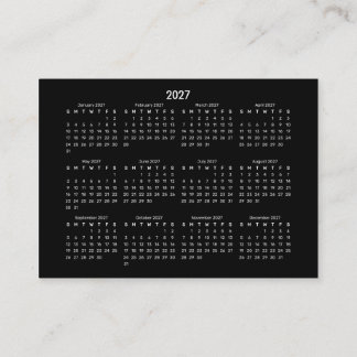 Carte De Visite Calendrier de poche mini 2027 DÉBUT DIMANCHE NOIR