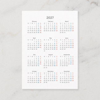 Carte De Visite Calendrier du dimanche 2027 Merci pour votre achat