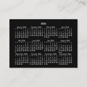 Carte De Visite Calendrier Mini POCKET 2026 DÉBUT DIMANCHE NOIR