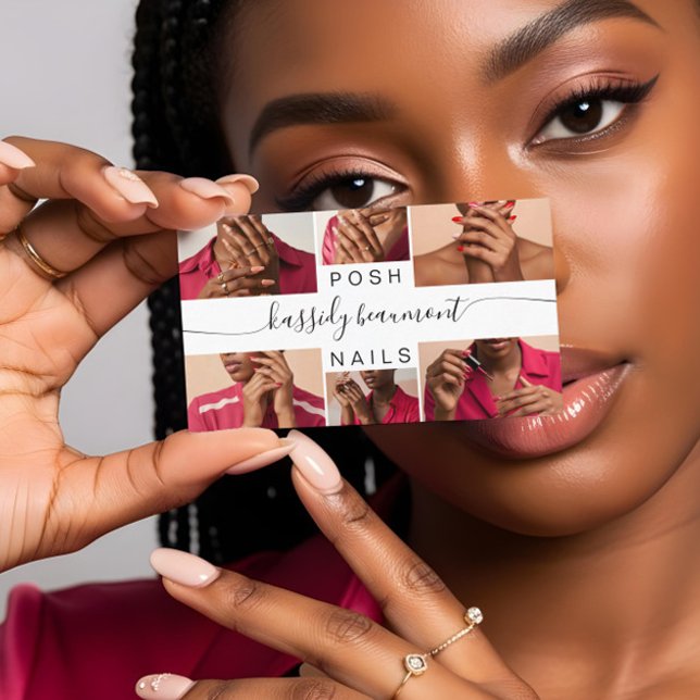 Carte De Visite Calligraphie de collage photo minimal élégant Code (Minimal Elegant Photo Collage Calligraphy QR Code Business Card)