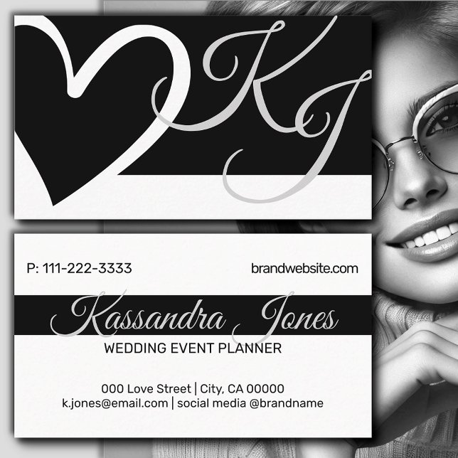 Carte De Visite Calligraphie Forme cardiaque Initiales en noir et  (Créateur téléchargé)