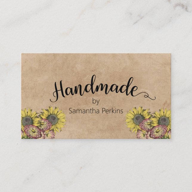 Carte De Visite Calligraphie rustique Tournesol papier kraft fait  (Devant)