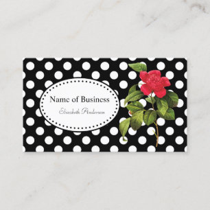 Carte De Visite Camélia rouge chic de pois noir et blanc audacieux