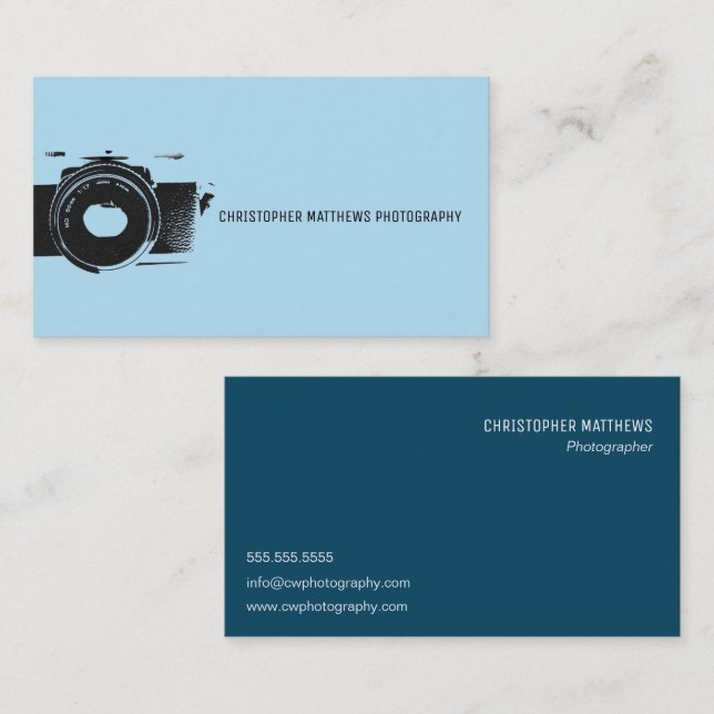 Carte De Visite Caméra classique Photographe artistique bleu blanc (Devant / Derrière)