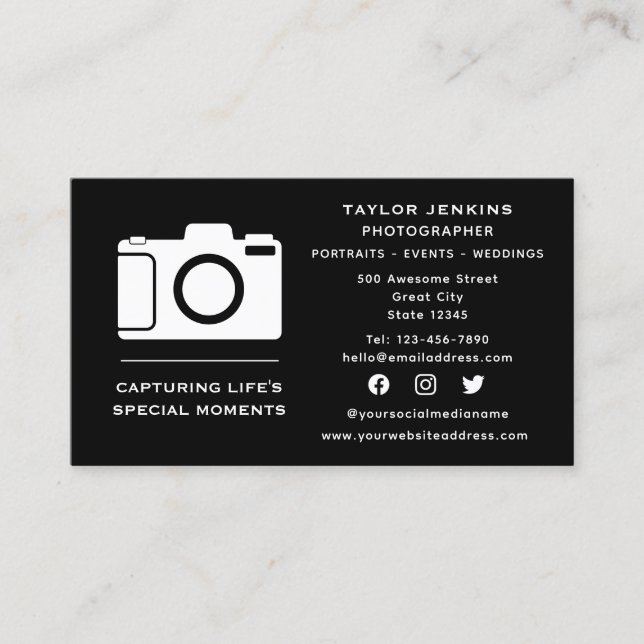 Carte De Visite Caméra de médias sociaux élégant Photographe indép (Devant)