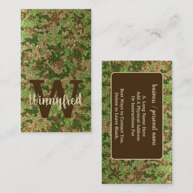 Carte De Visite Camouflage vert coupé en extérieur Nom du monogram (Devant / Derrière)