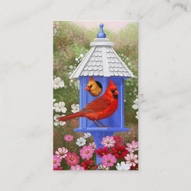 Carte De Visite Cardinaux et maison d'oiseaux bleue (Devant)