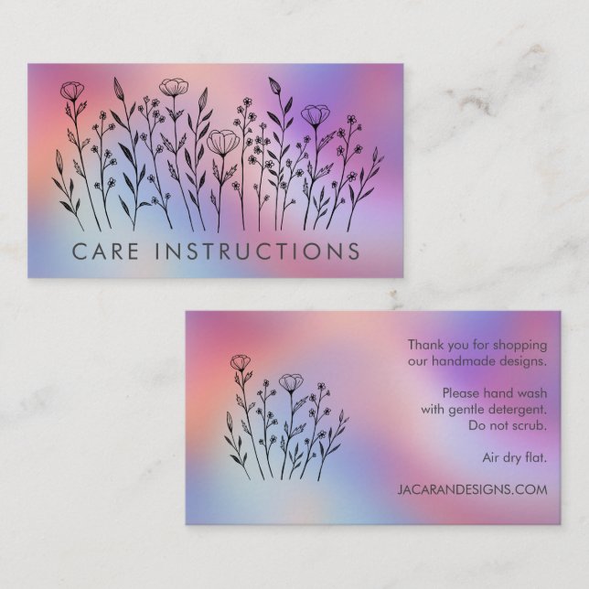 Carte De Visite CARE INSTRUCTIONS Chic Elegant Wildflower TieDye (Devant / Derrière)
