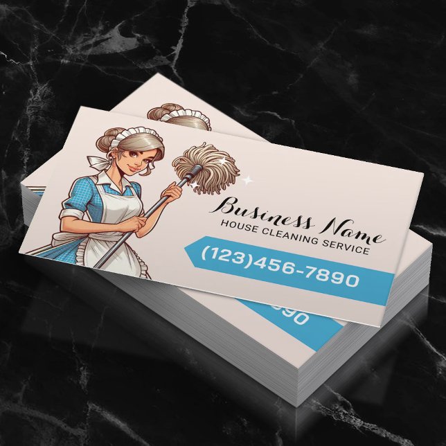 Carte De Visite Caricature de nettoyage de maison jolie femme serv (Créateur téléchargé)