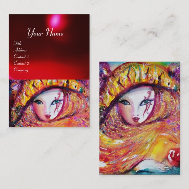 CARTE DE VISITE CARNAVAL EN JAUNE AVEC ROSE ROSE ROUGE (Devant / Derrière)