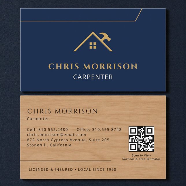 Carte De Visite Carpenter Carpentry Wood Construction QR Code (Créateur téléchargé)