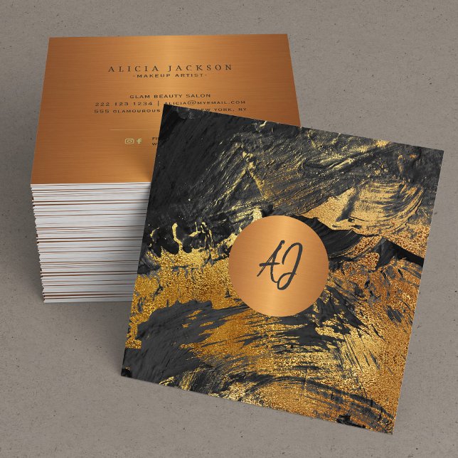 Carte De Visite Carré Abstrait acrylique peint or noir monogrammed (Créateur téléchargé)