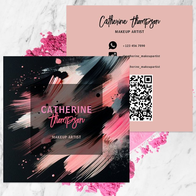 Carte De Visite Carré Abstrait Peinture noire rose artistique (Créateur téléchargé)