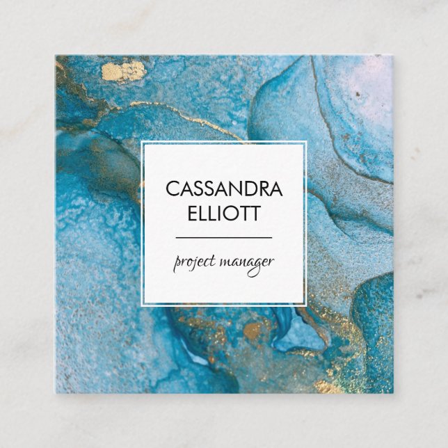 Carte De Visite Carré Abstrait Turquoise Blue & Gold Alcohol Enk Liquid  (Devant)