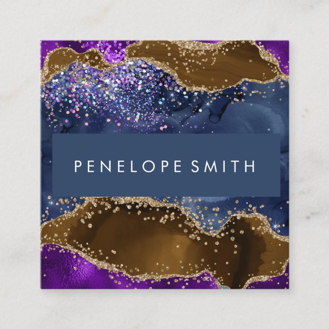 Carte De Visite Carré Agate Brown bleu violet Abstrait (Devant)