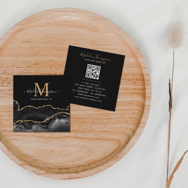 Carte De Visite Carré Agate moderne Black Gold Photo QR Code Monogramme (Créateur téléchargé)