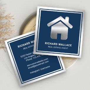 Carte De Visite Carré Agent Immobilier Logo Maison Feuille d'Argent Bleu