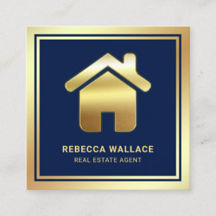 Carte De Visite Carré Agent Immobilier Logo Maison Feuille D'Or Bleue