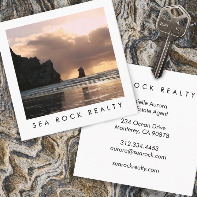 Carte De Visite Carré Agent immobilier unique Rocks Ocean Beach Photo (Créateur téléchargé)