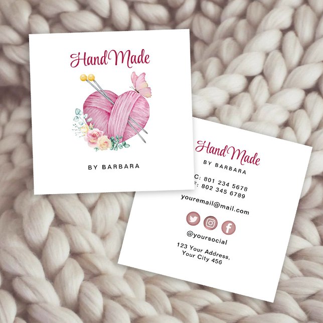 Carte De Visite Carré Aiguilles de Tricot de coeur en fils mignons (Créateur téléchargé)