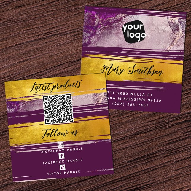 Carte De Visite Carré Ajouter Logo & Code QR Modern Gold Purple Personna (Créateur téléchargé)