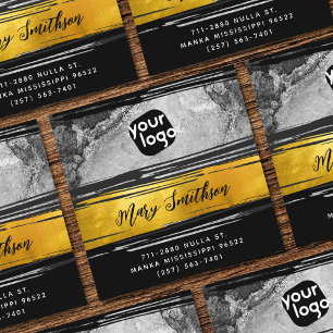 Carte De Visite Carré Ajouter Logo, QR Code Social Media Gold Black Char