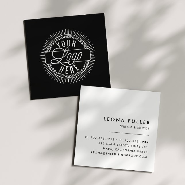Carte De Visite Carré Ajouter votre logo | Noir moderne et blanc (Créateur téléchargé)