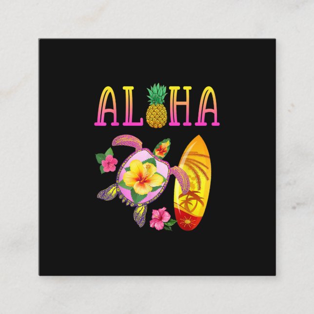 Carte De Visite Carré Aloha Cool Kawaii Turtle Surfboard Hawaiian Turtle (Devant)