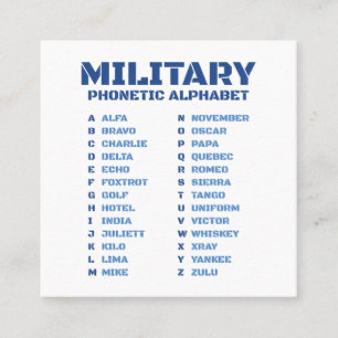 Carte De Visite Carré Alphabet phonétique militaire ICAO Alfa-Zulu