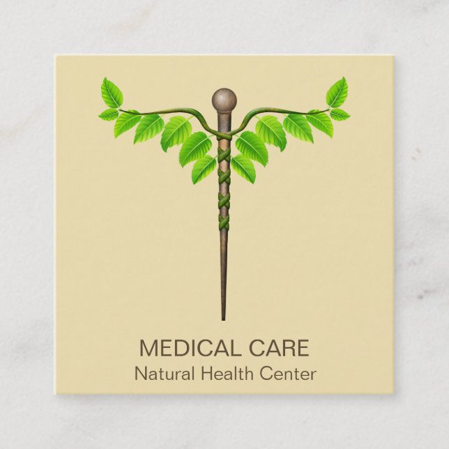 Carte De Visite Carré Alternative Médicale Caduceus Vert Feuilles Beige (Devant)