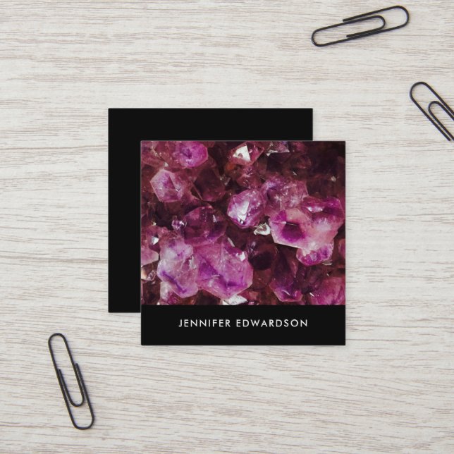 Carte De Visite Carré Améthyste mauve cristal professionnel (Devant/Arrière en situation)