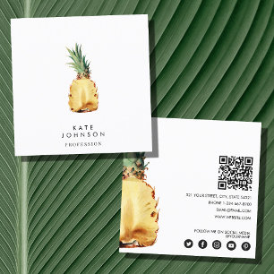 Carte De Visite Carré Ananas tropical moderne QR Code Social Media