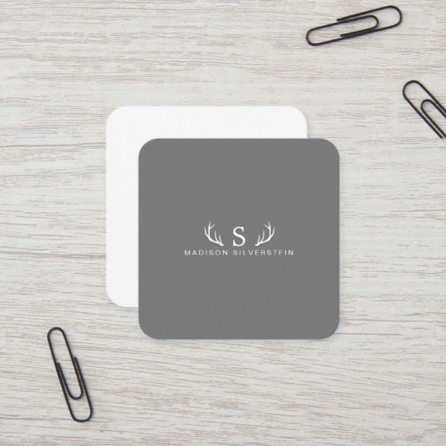 Carte De Visite Carré Antlers de Cerfs Classiques Monogramme Gris (Devant/Arrière en situation)