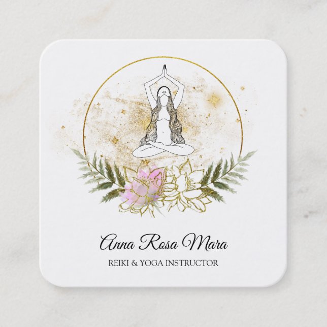 Carte De Visite Carré *~* AP32 Lotus Rose Yoga Femme Logo QR (Devant)