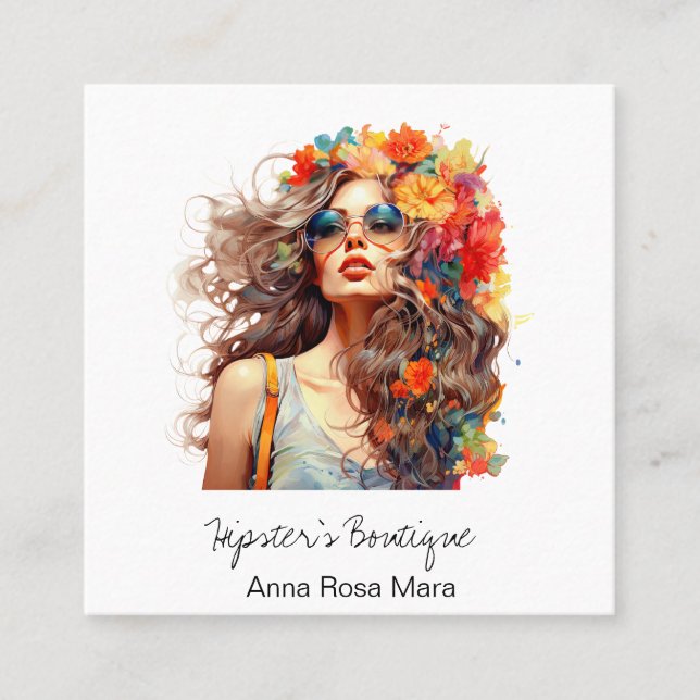 Carte De Visite Carré *~* AP57 Boho QR Fleurs cheveux gras Hippie fille (Devant)