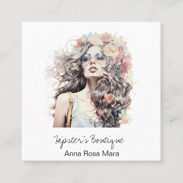 Carte De Visite Carré *~* AP57 Fleurs QR Boho Hair Blone Hippie Girl (Devant)