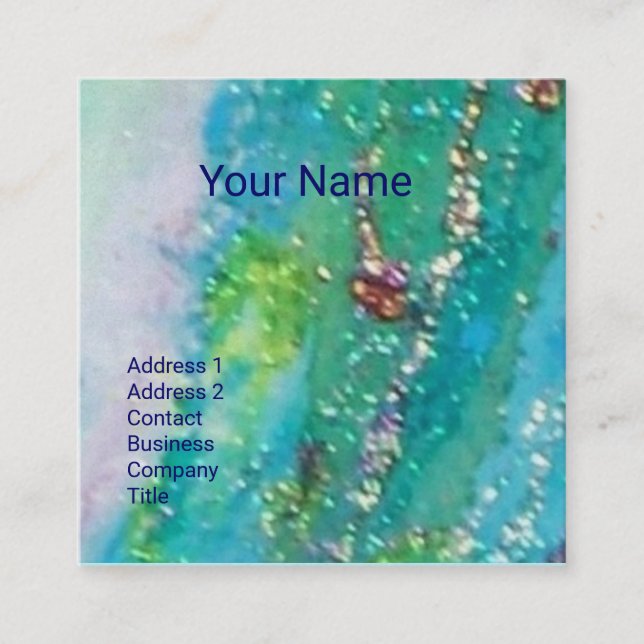 CARTE DE VISITE CARRÉ AQUA ABSTRAIT BLEU TURQUOISE ÉPARKLES D'OR, SCEAU  (Devant)