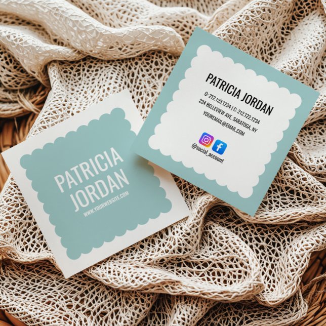 Carte De Visite Carré Aqua Blue Modern Wave Simple Médias Sociaux Icônes (Créateur téléchargé)