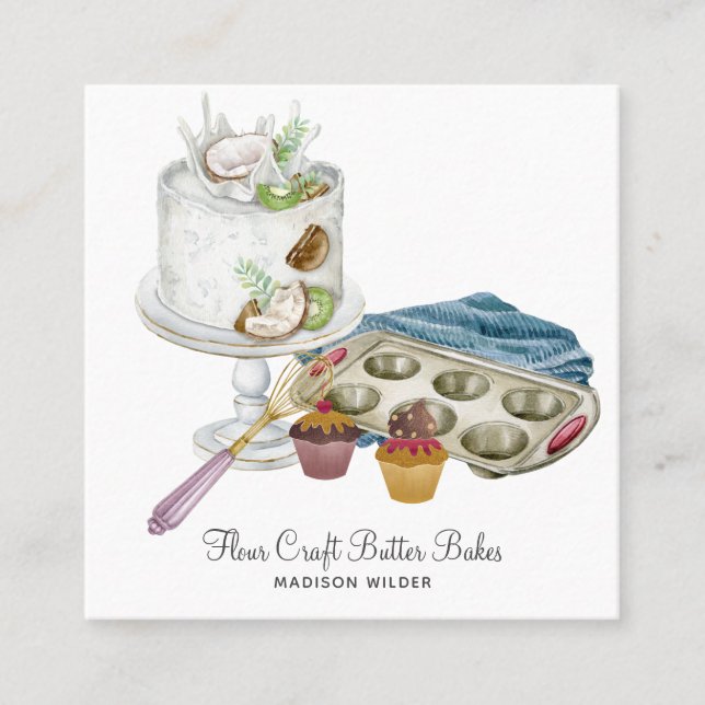 Carte De Visite Carré Aquarelle Baker Pâtisserie Chef Cuisiné Bon Outils (Devant)