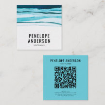 Aquarelle Bleu QR Code Lignes Abstraites Wavy Ocea