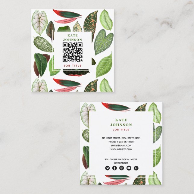 Carte De Visite Carré Aquarelle botanique Vert Feuille QR Code (Devant / Derrière)