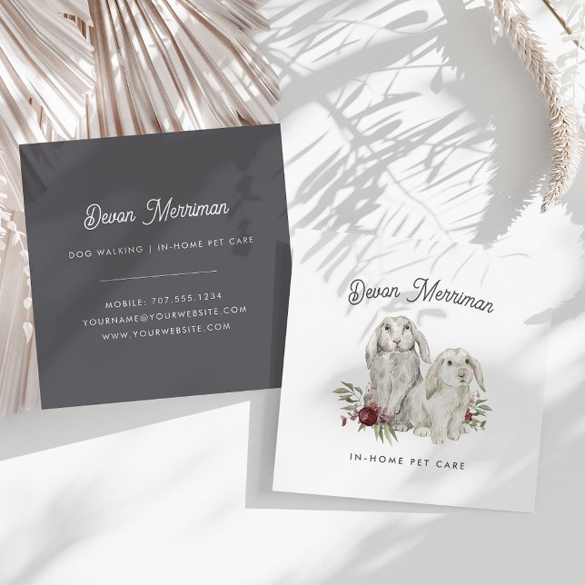 Carte De Visite Carré Aquarelle Bunnies floraux | Soins aux animaux (Créateur téléchargé)