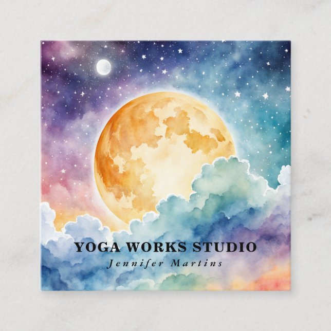 Carte De Visite Carré Aquarelle céleste holistique Soleil & Lune Yoga (Devant)