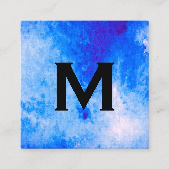 Carte De Visite Carré Aquarelle chic bleu avec monogramme (Devant)
