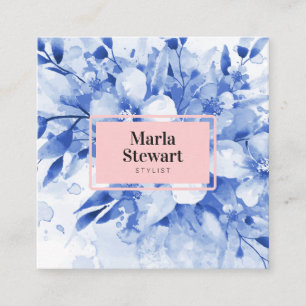 Carte De Visite Carré Aquarelle chic bleu floral élégant rose moderne